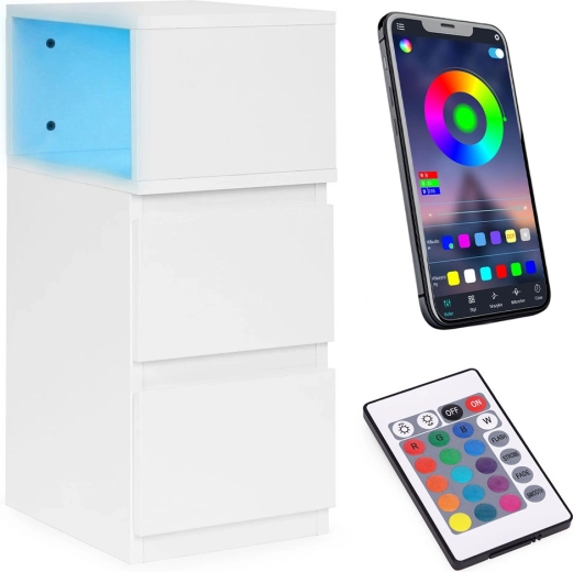 Nightstand with LED Lighting, 2 Drawers, White, ModernHome