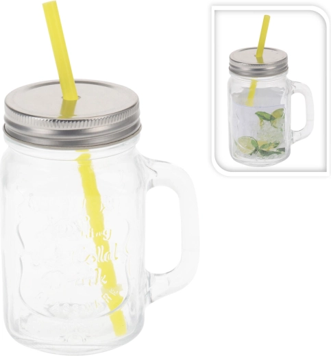 450 ml Mason Jar with Handle, Lid, and Straw - Vintage