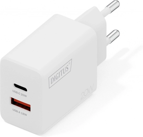 Caricatore USB da parete 20 W, 1× USB-C e 1× USB-A, bianco