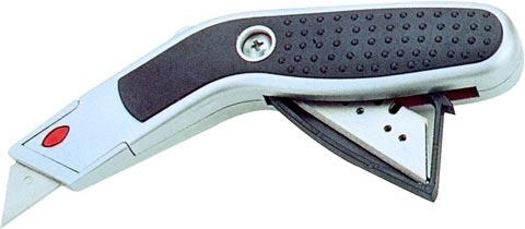 Kovový výsuvný nôž s lichobežníkovou čepeľou a zásobníkom na náhradné čepele