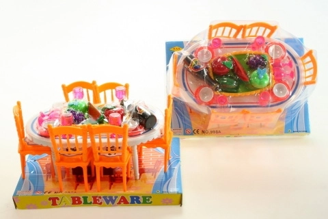 Doll dining table with chairs and tableware