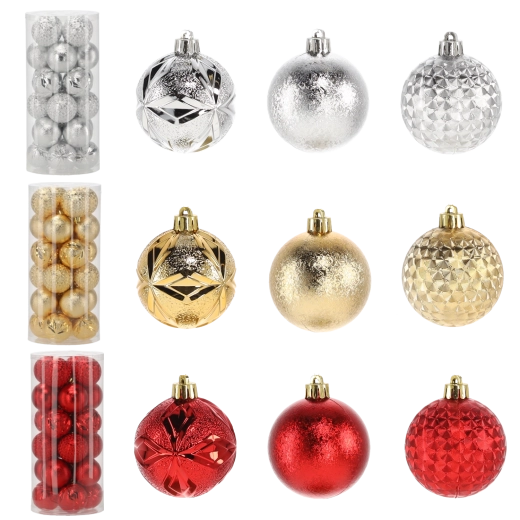 Set de 24 boules de Noël 6 cm – rouges, dorées et argentées, incassables