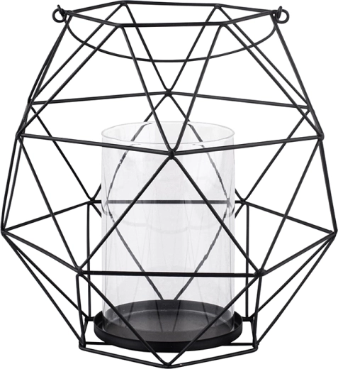 Geometrisk lysestage i metal med hank og glasindsats 22 × 22 × 22 cm, sort