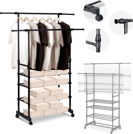 Appendiabiti da pavimento Massido, nero, XXL con altezza regolabile e ripiani