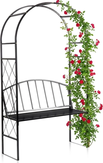 Garden metal pergola with bench in black, 115 × 50 × 210 cm