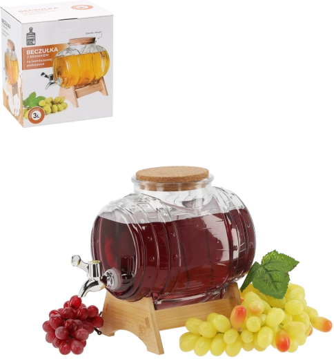 Glass beverage dispenser 3 L with wide mouth and bamboo stand