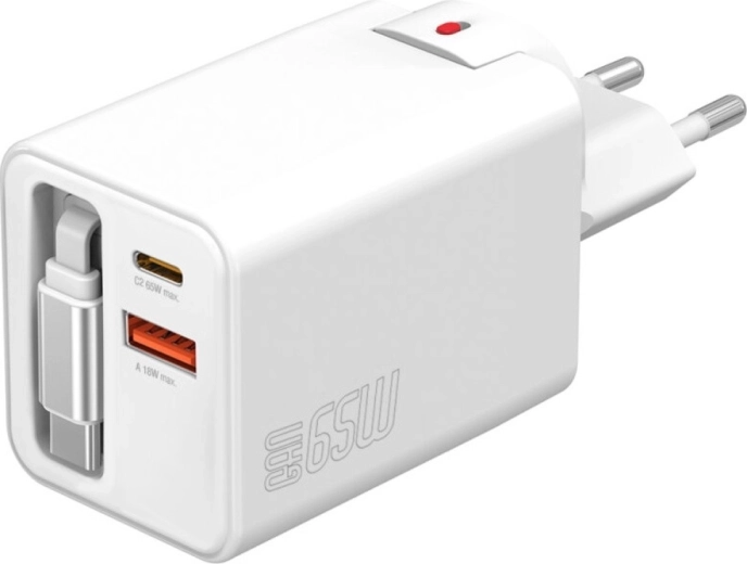 Caricatore da rete GaN 65 W con cavo estraibile, 2× USB‑C + USB‑A, bianco