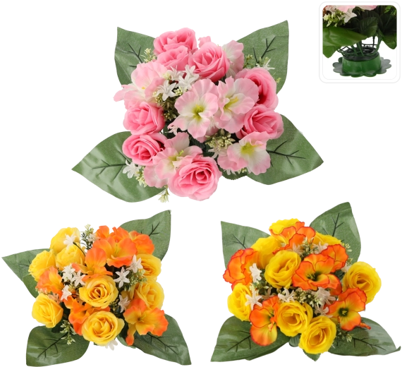 Kunstig buket med roser og hibiscus, mix af farver, 25 × 28 × 28 cm