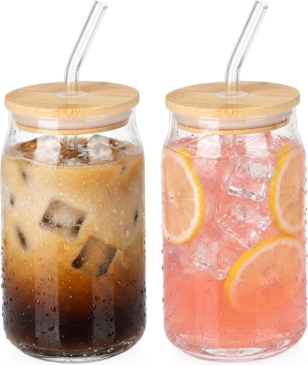 Tazze in vetro Vilde con coperchio in bambù e cannuccia in vetro 460 ml, 2 pz