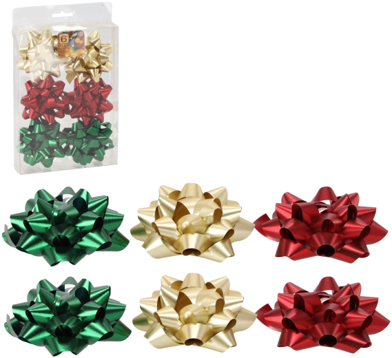 Set aus Geschenkrosetten 8 cm – rot, gold und grün (6 Stk.)