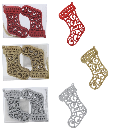 Set mit 12 Weihnachtsornamenten in Strumpfform 10 cm – rot, gold und silber
