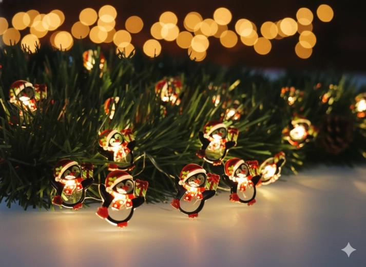 LED string lights penguins on batteries, 20 lights, warm white