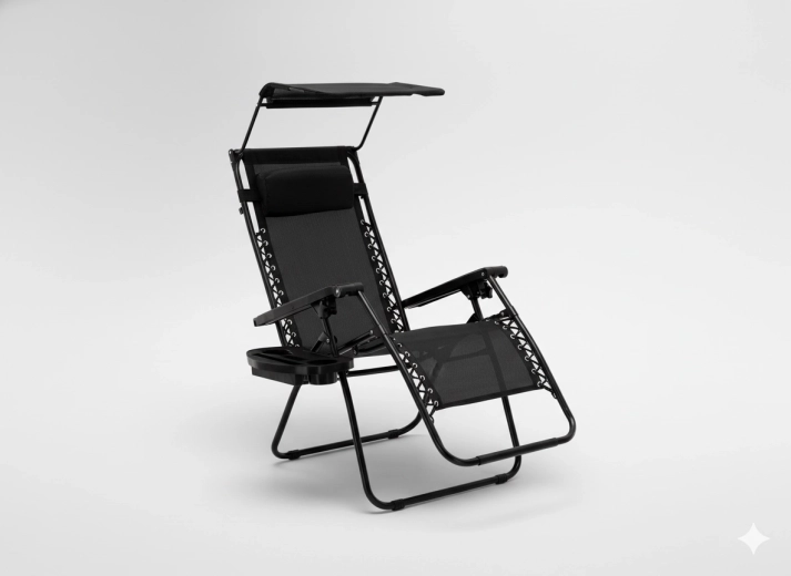 Chaise longue de jardin pliante avec auvent, tablette, poche et petit coussin – noire