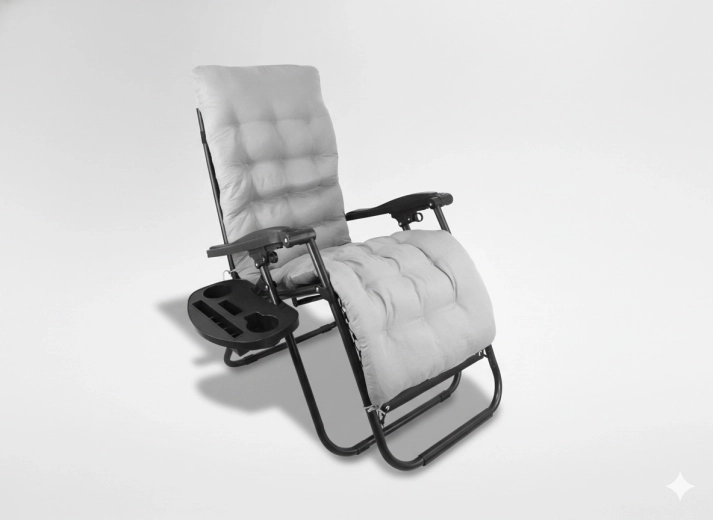 Lettino da giardino pieghevole con cuscino e tavolino, nero con cuscino grigio