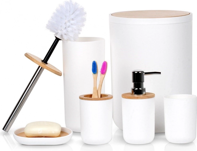 Set da bagno bianco 6 pezzi con dettagli in bambù