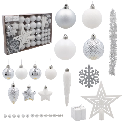 Set of 60 Christmas ornaments – silver and white
