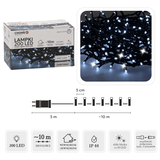 LED string 200 LEDs cold white with flashing, 10 m, indoor and outdoor