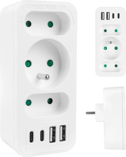 MACLEAN power splitter with 1x Schuko, 2x Euro and 2x USB-A + 2x USB-C, white