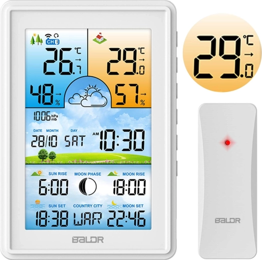 Stazione meteo wireless bianca con display a colori e DCF77