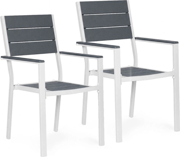 Ensemble de 2 fauteuils de jardin en acier et HDPE, gris‑blanc – MultiGarden