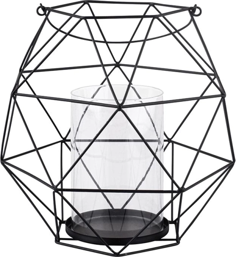 Sort metalstage med hank og glasindsats i geometrisk design 22 × 22 × 22 cm