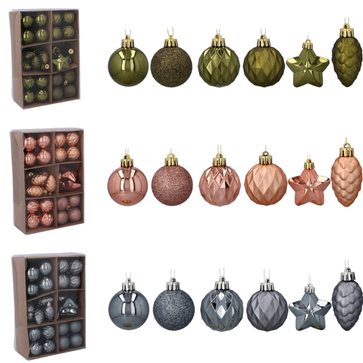 Set of 47 Christmas ornaments in olive, copper, and graphite (4–6 cm)
