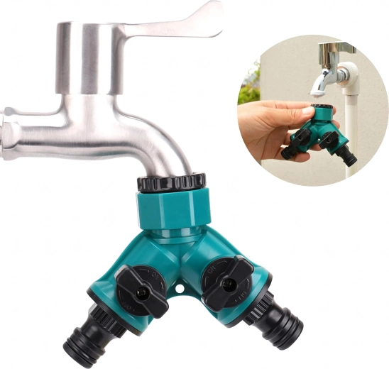Y-fordeler til vandhane, 2-vejs 1/2" og 3/4" til have- slanger med afspærringsventiler