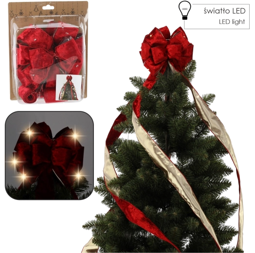 Noeud de Noël en velours rouge avec éclairage LED pour sommet de sapin 1,8 m