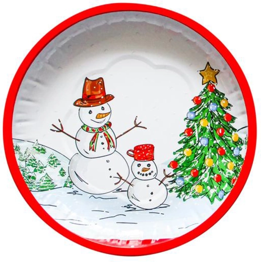 Plateau rond de Noël en tôle Bonhomme de neige 26 cm