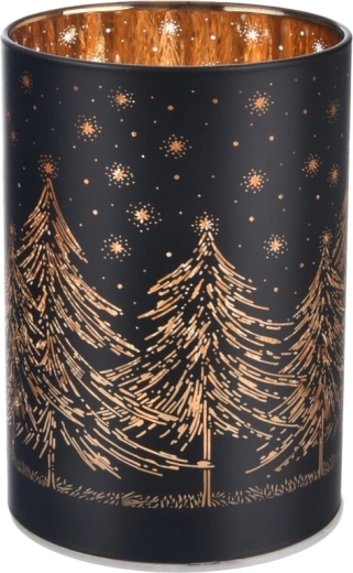 Portacandela in vetro con illuminazione LED e motivo albero di Natale nero