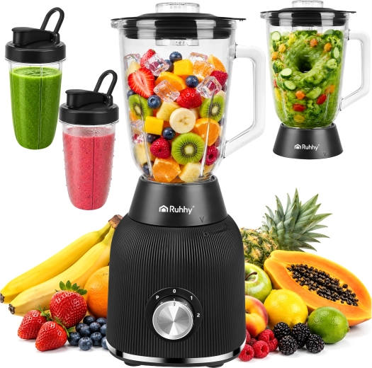 Ruhhy 1200 W countertop glass blender with ice crushing and 2 portable bottles