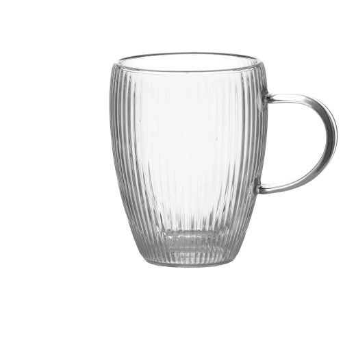 Set of 2 ribbed double-wall glass mugs with handle, 350 ml