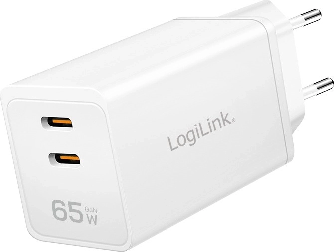 Caricatore da rete LOGILINK 65W con 2× USB‑C, bianco