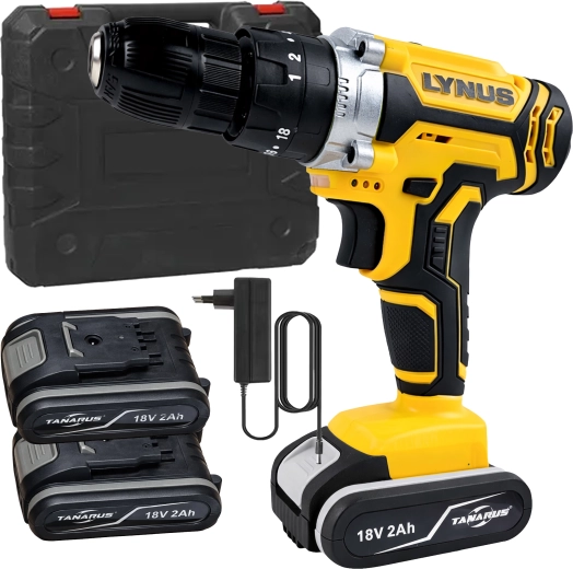 Wkrętarko-wiertarka akumulatorowa 18 V z LED, walizką i 2× akumulatorami 2 Ah