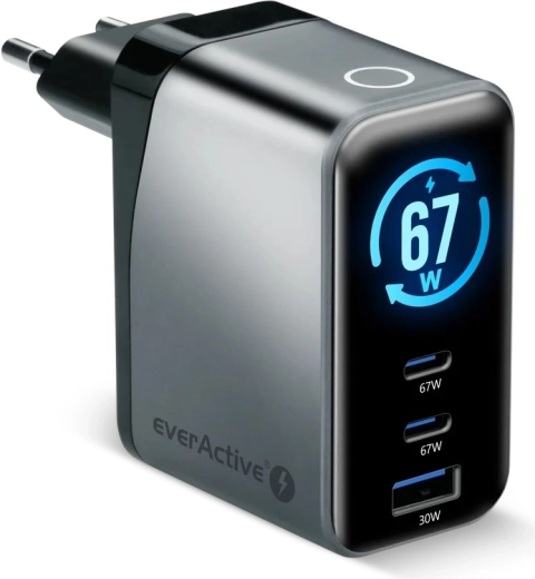 EverActive GaN-Ladegerät 67 W mit LCD (2× USB-C + USB-A)