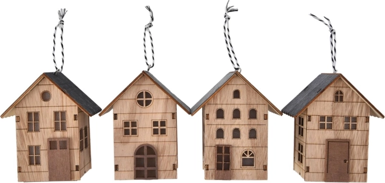 Hængende træhus med LED-lys, beige, 10 × 6 × 9 cm