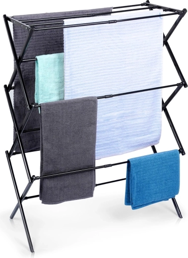 Folding metal clothes drying rack, black, telescopic, 44.5–75 × 37.5 × 105 cm
