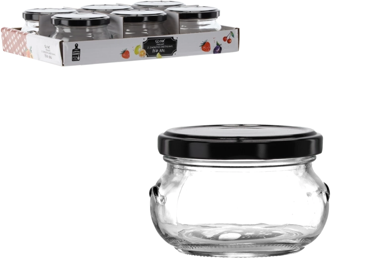 Glass jar 150 ml with flat shape and black metal lid