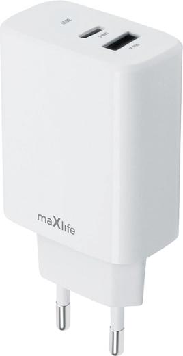 Caricatore da rete MAXLIFE 30 W con USB‑C PD e USB‑A QC, bianco