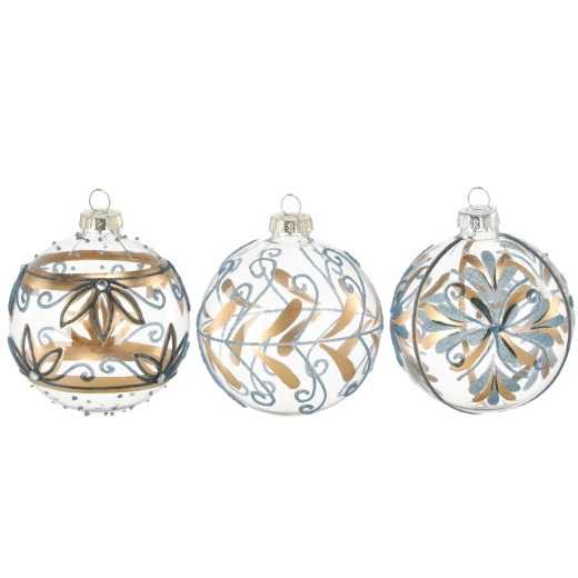 Boule de Noël en verre bleu-or 8 cm, lot de 12 pièces