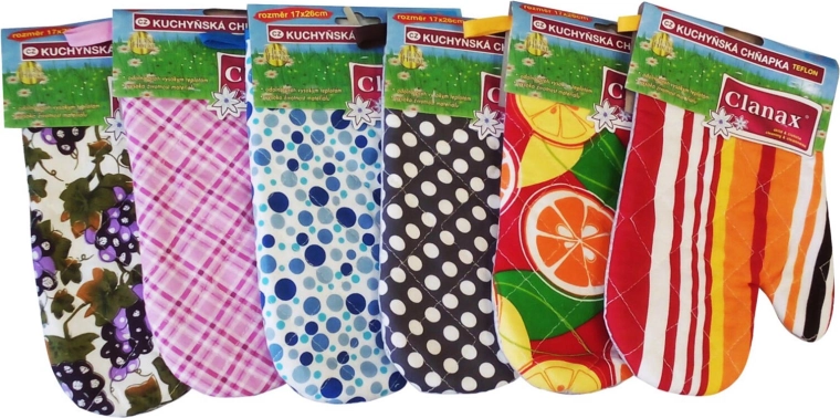 Cotton and Teflon kitchen oven mitt with magnet and loop, right-handed, assorted designs