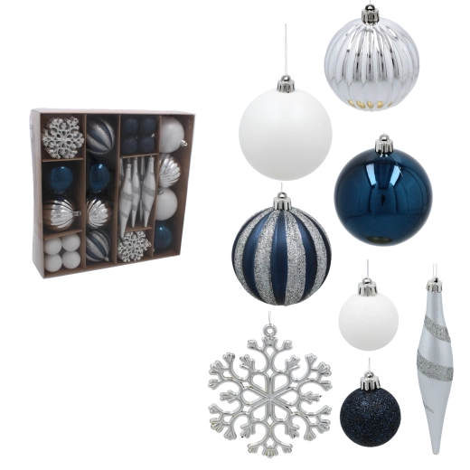 Set of 50 Christmas ornaments in navy blue and silver