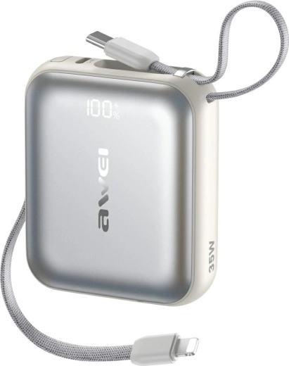 AWEI AS-181 Power Bank 10000 mAh, 35 W, with built-in Lightning and USB‑C cables, silver