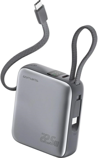 4smarts Pocket Dual Cord Power Bank 10000 mAh 22.5 W with built‑in USB‑C cable, grey