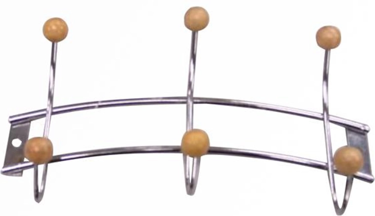Wall hook rack with 3 hooks, chrome/wood, 21 × 11.5 cm