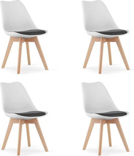 Set aus vier schwarz-weißen Stühlen mit Holzbeinen