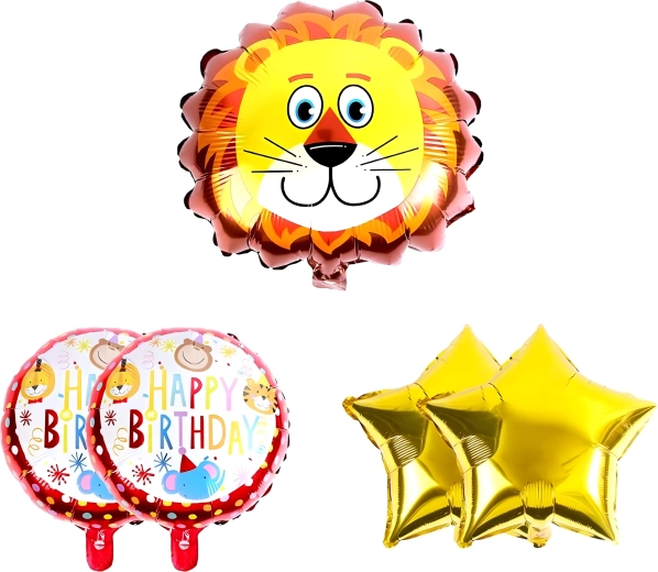 Safari Animals Birthday Balloons Set – Lion and Stars, 5 pcs