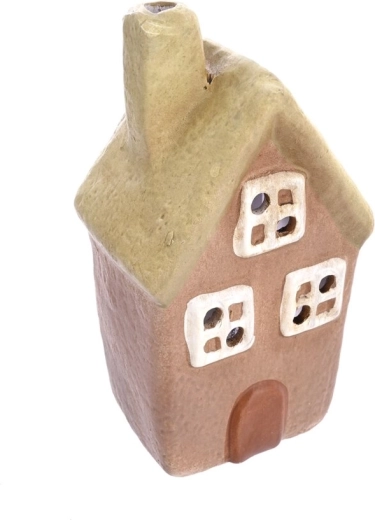 Portacandela in ceramica a forma di casetta beige-verde 14 cm