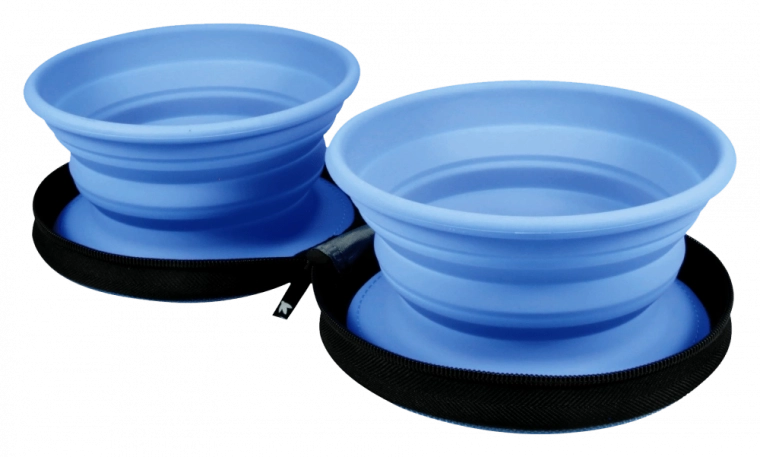 Gamelle double de voyage pour chiens et chats KIWI WALKER – bleu, 2 pcs