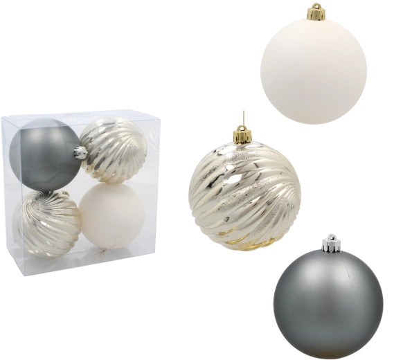 Set de boules de Noël 10 cm – champagne, gris et blanc (4 pcs)